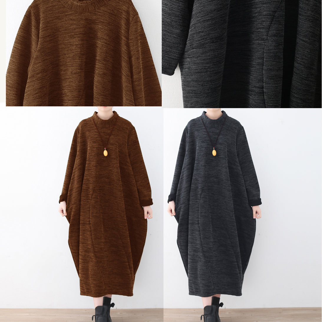 boutique dark gray knit dresses Loose fitting asymmetrical pullover vintage high neck dress