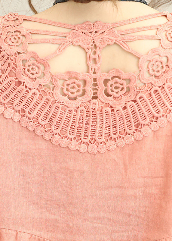 boutique light orange Midi linen dresses oversize linen clothing dress fine patchwork lace hollow out midi dress