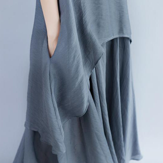 boutique linen dresses oversize Casual Short Sleeve Gray Pockets Fake Two-piece Dress