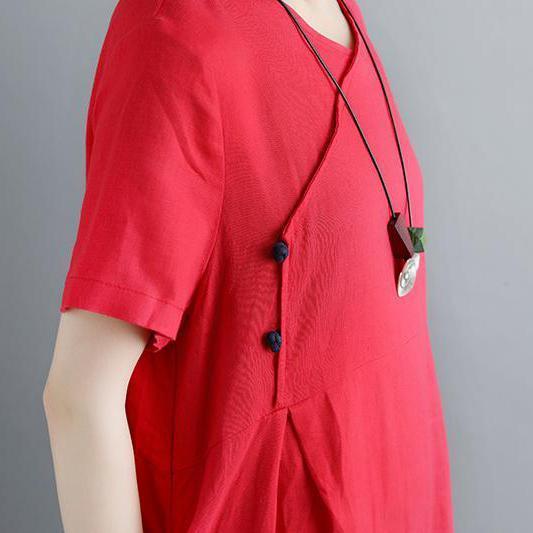 boutique pure linen dresses plus size Retro Summer Short Sleeve Red Pockets Pleated Dress