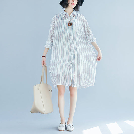 boutique striped cotton dress oversized vintage long sleeve Turn-down Collar cotton dress