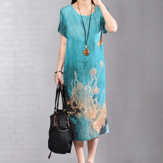 brief linen cotton dress Loose fitting Short Sleeve Flower Summer Retro Long Dress