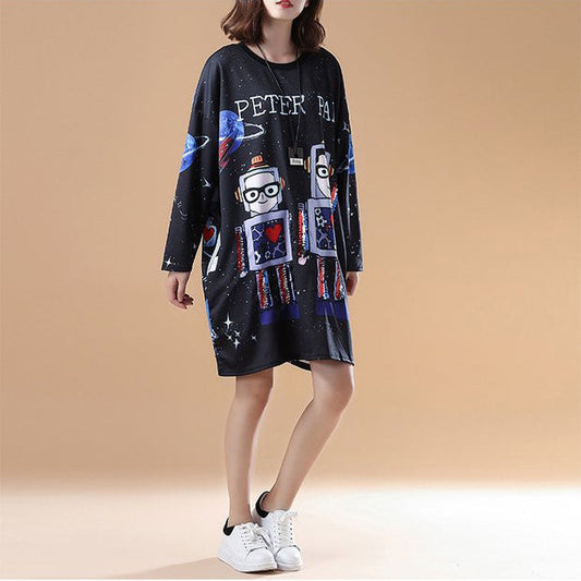 cartoon print 2025 fall black cotton casual dresses plus size long sleeve fashion shift dress