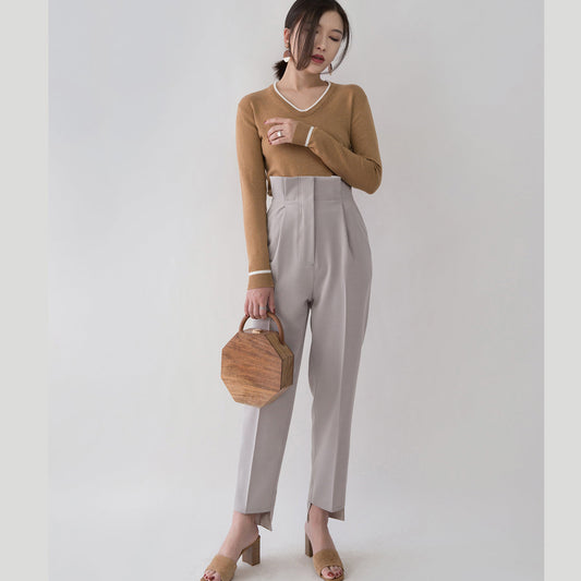 chunky brown knit tops fall fashion V neck knitted blouses Fine side open sweaters