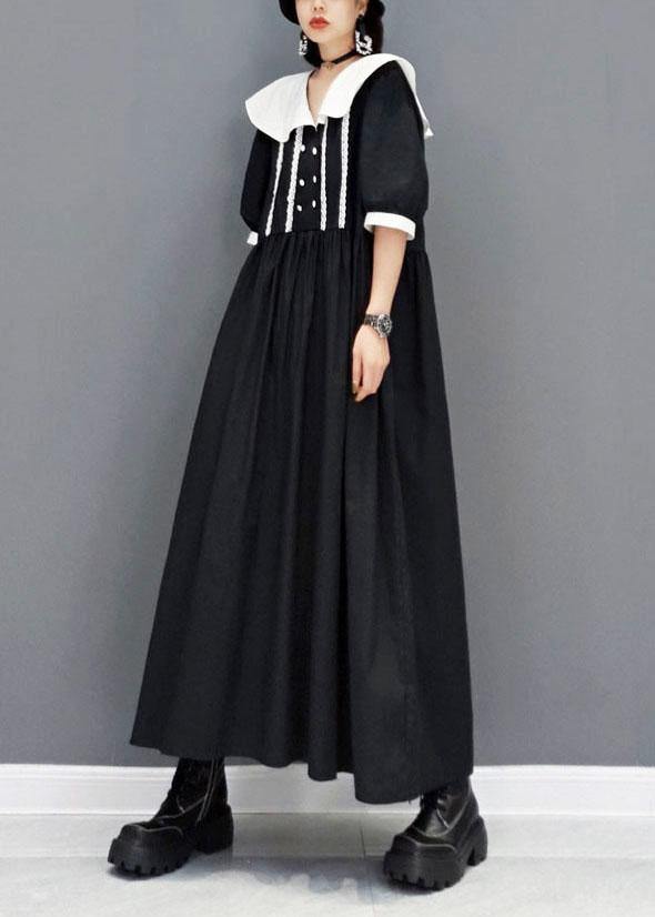 diy Black Peter Pan CollarButtonPatchwork Half Sleeve Robe Dresses Fall - SooLinen