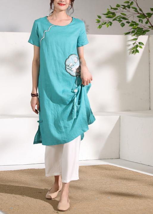diy o neck tassel linen Robes Catwalk green embroidery Dresses - SooLinen