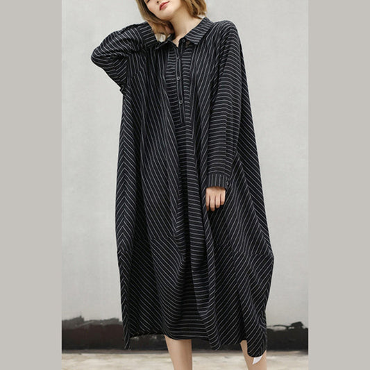 fashion black striped natural cotton dress trendy plus size Turn-down Collar women asymmetrical design caftans