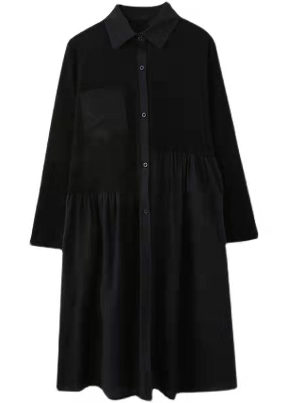 fashion black striped natural cotton linen dress plus size shirt dress vintage long sleeve side open Stand baggy dresses