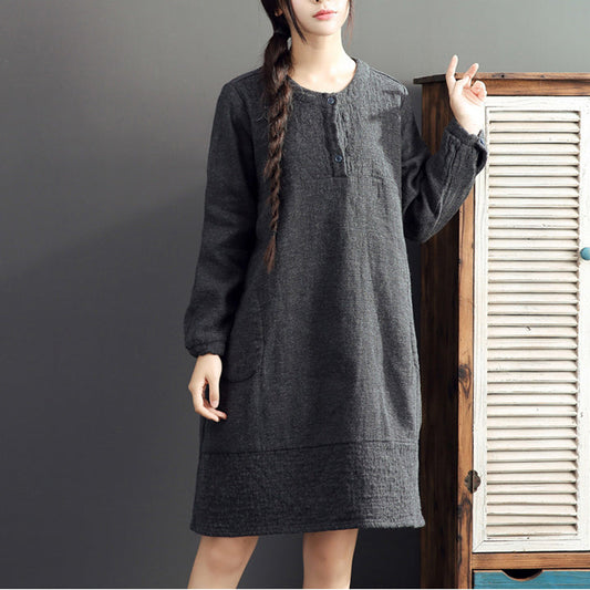 gray warm cotton linen dresses plus size casual long sleeve mid dress 2025