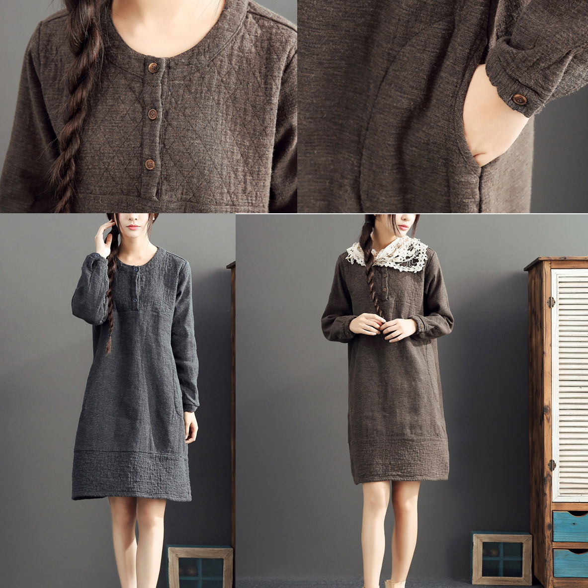 gray warm cotton linen dresses plus size casual long sleeve mid dress 2025