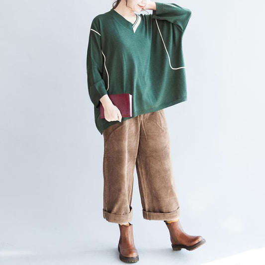 green patchwork color cotton knit tops oversize batwing sleeve sweater