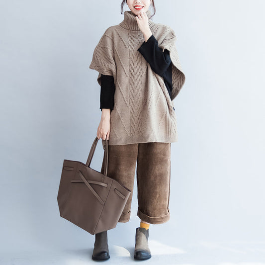 khaki unique cotton sweater high neck plus size side open button sleeveless knit tops