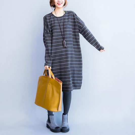 oversize gray striped knit dresses plus size women long sleeve sweater dress side open