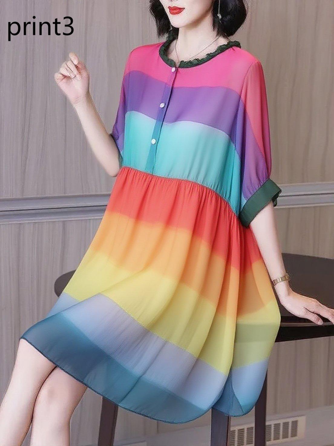 Fashion Ruffled Print2 Button Side Open Linen Vacation Dresses Half Sleeve