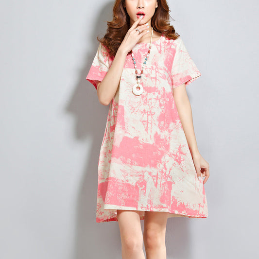 red linen dresses casual linen cotton dress vintage prints o neck short sleeve cotton dress