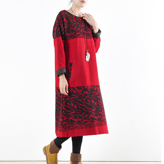 red vintage winter dresses 2025 winter woolen print maxi dress pullover caftans long shirts