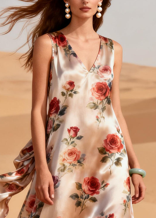 rench Beige Rose Patchwork Linen Silk Robe Dresses Summer