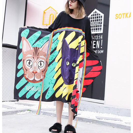 stylish black print cotton dress Loose fitting patchwork tulle cotton gown casual asymmetric hem kaftans