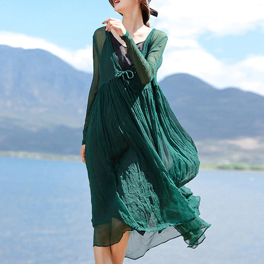 stylish blackish green silk caftans plus size v neck silk maxi dress boutique long sleeve baggy dresses large hem long dresses