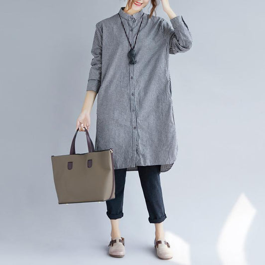 stylish gray striped cotton linen shirt dress trendy plus size shirt dress boutique long sleeve pockets Turn-down Collar patchwork natural cotton linen shirt dress