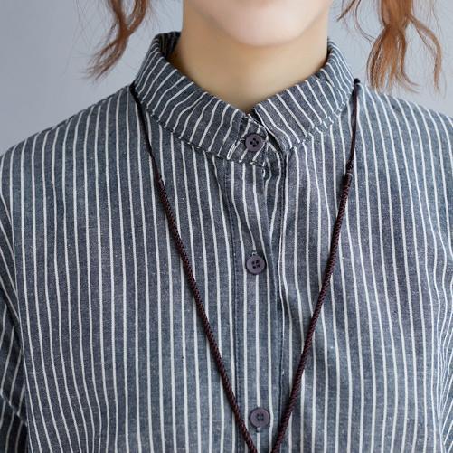 stylish gray striped cotton linen shirt dress trendy plus size shirt dress boutique long sleeve pockets Turn-down Collar patchwork natural cotton linen shirt dress