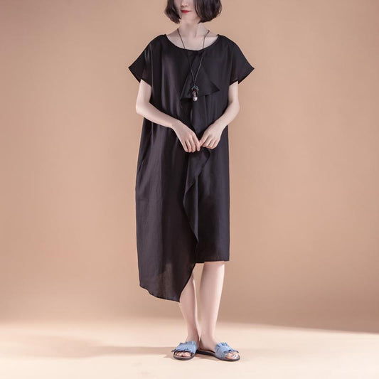 stylish linen summer dress casual Short Sleeve High-low Hem Summer Casual Black Dress