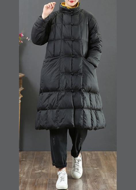 fine Loose fitting long coat winter jacket black stand collar Chinese Button woolen outwear - SooLinen