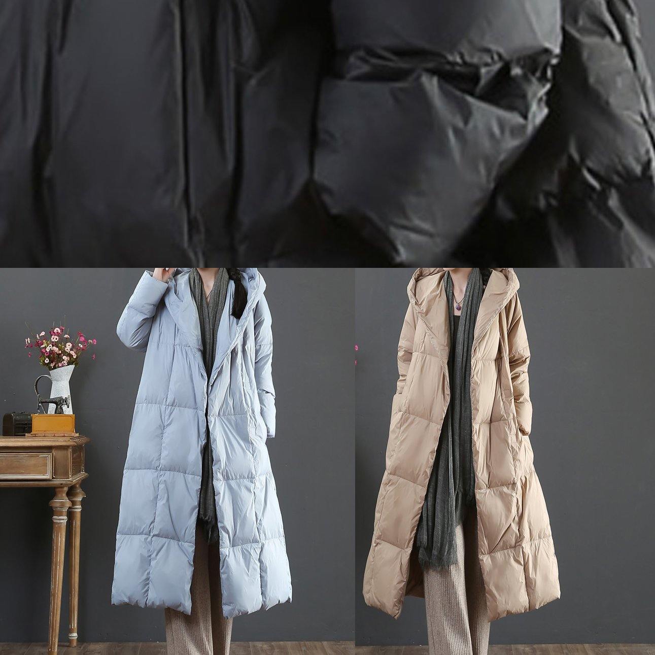 fine Loose fitting snow jackets winter outwear black hooded pockets goose Down coat - SooLinen