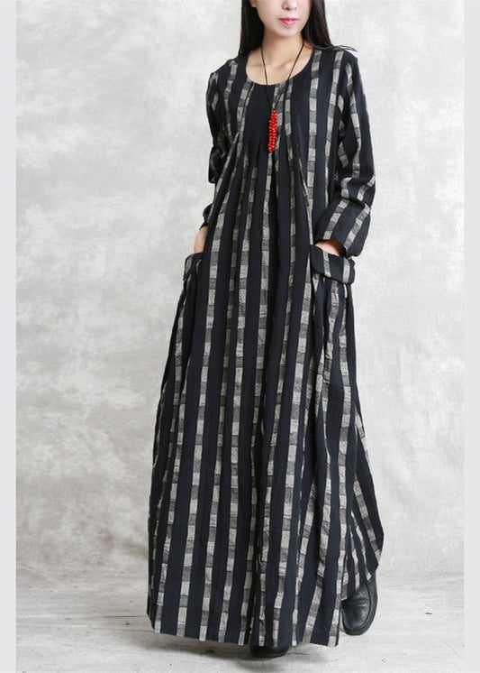 fine black Plaid natural linen dress plus size O neck patchwork linen maxi dress 2018 long sleeve pockets dresses