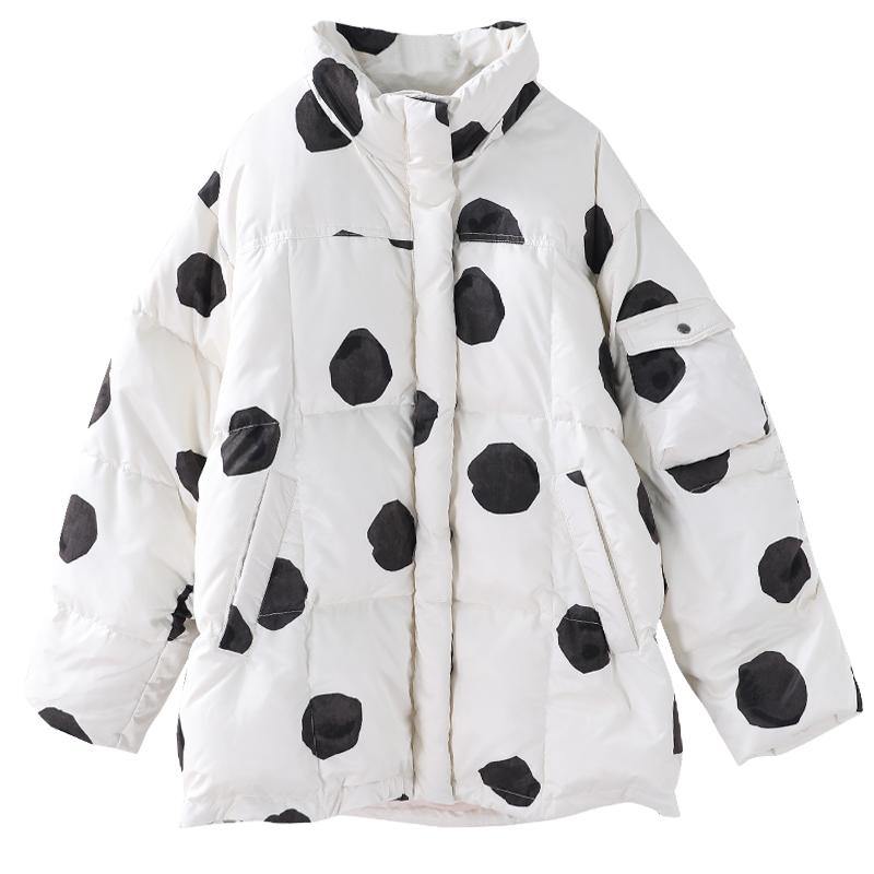 black dotted duck down coat plus size down jacket stand collar zippered Elegant coats - SooLinen