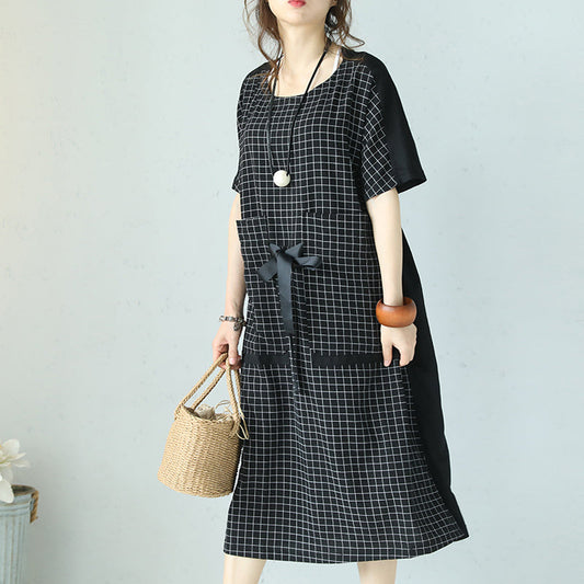 fine black plaid cotton dresses plus size patchwork traveling clothing 2018 tie waist gown
