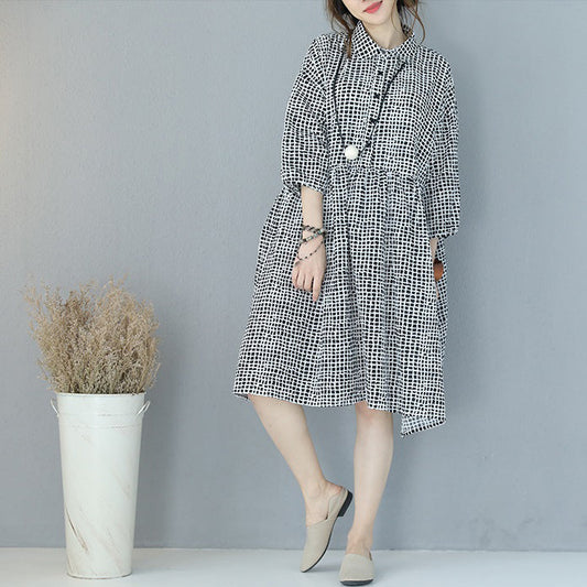 fine black plaid pure cotton dress plus size clothing shirt dress boutique lapel collar bracelet sleeved natural cotton dress