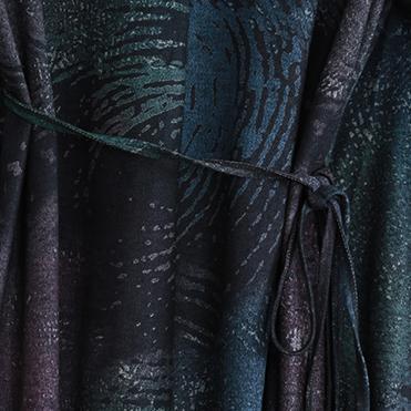 fine blue print fall dress trendy plus size v neck tie waist tunic caftans Fine long sleeve pockets maxi dresses