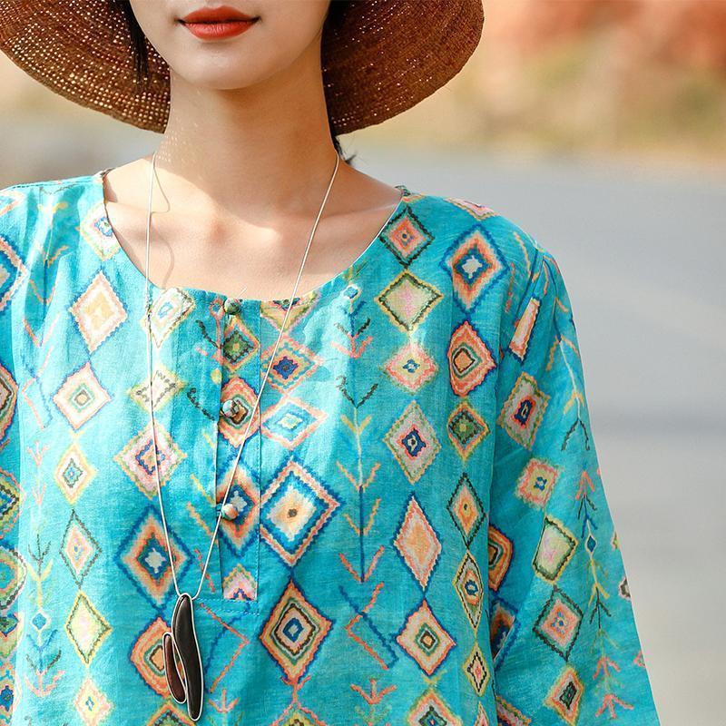 fine blue print natural linen dress plus size clothing o neck linen maxi dress vintage half sleeve baggy dresses