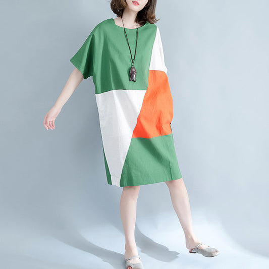 fine green Midi linen dresses plus size clothing shirt dress Elegant o neck patchwork linen dresses