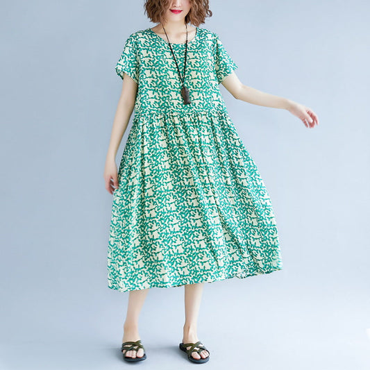 fine green cotton linen dresses plus size short sleeve print baggy dresses long dresses vintage o neck traveling dress
