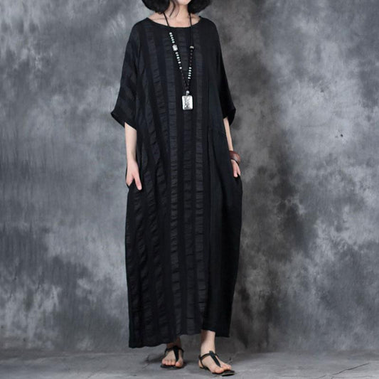 cotton blend dress trendy plus size Retro Loose Round Neck 12 Sleeve Black Dress