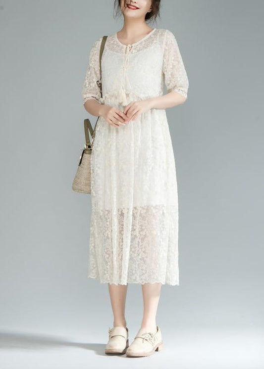 fine long cotton dress oversize lace Lacing Two Pieces Set 12 Sleeve Pleated Dress