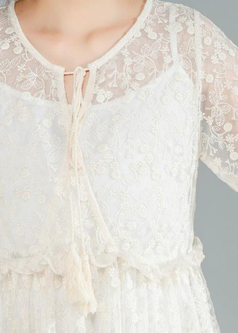 fine long cotton dress oversize lace Lacing Two Pieces Set 12 Sleeve Pleated Dress