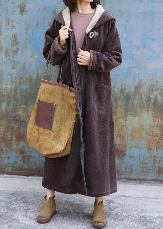 fine plus size warm winter coat zippered outwear chocolate hooded coat - SooLinen