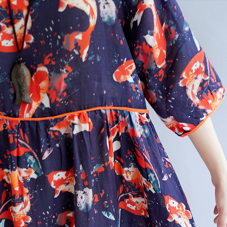 fine print holiday dress o neck long dress Extra large hem holiday dress