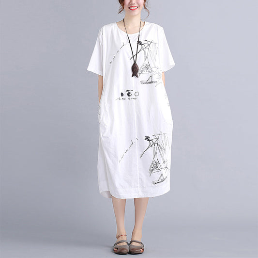 fine white cotton dress plus size traveling dress vintage o neck prints natural cotton dress