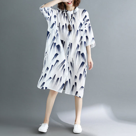 fine white print natural cotton linen dress oversized maxi dress fine half sleeve O neck Stand cotton clothing