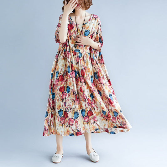 fine yellow long cotton linen dress oversize short sleeve baggy dresses print gown casual o neck traveling dress