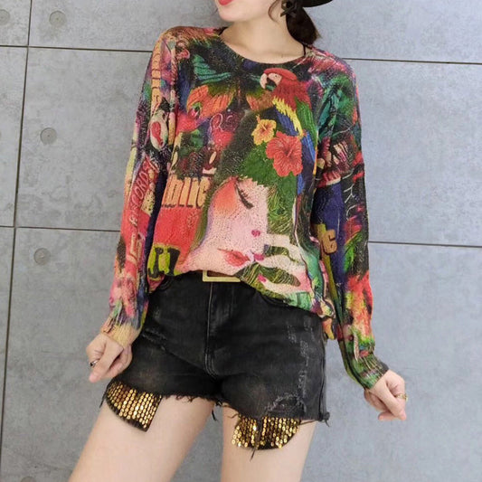 vintage belle print casual cotton sweater t shirt oversize o neck knit tops warm winter