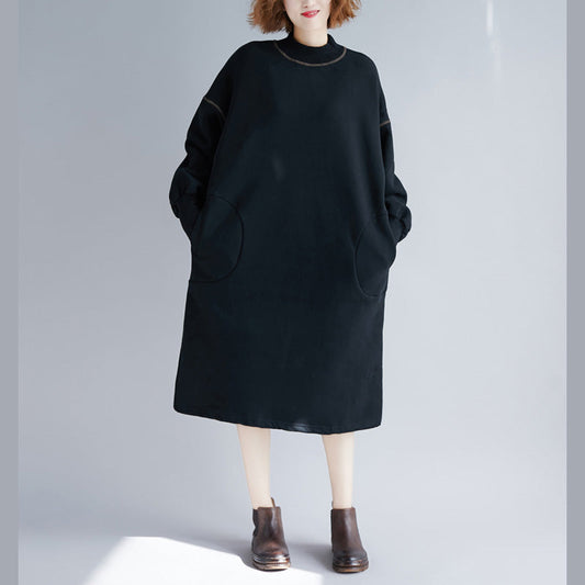 vintage black Midi cotton dresses oversize warm long sleeve thick cotton clothing dresses o neck holiday dresses