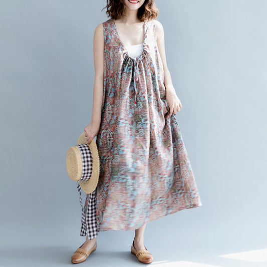 vintage floral linen maxi dress plus size O neck baggy dresses caftans boutique batwing Sleeve Extra large hem linen caftans