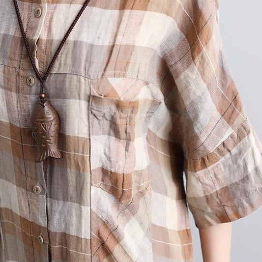 vintage linen dresses Loose fitting Polo Collar Short Sleeve Plaid Women Linen Shirt Dress