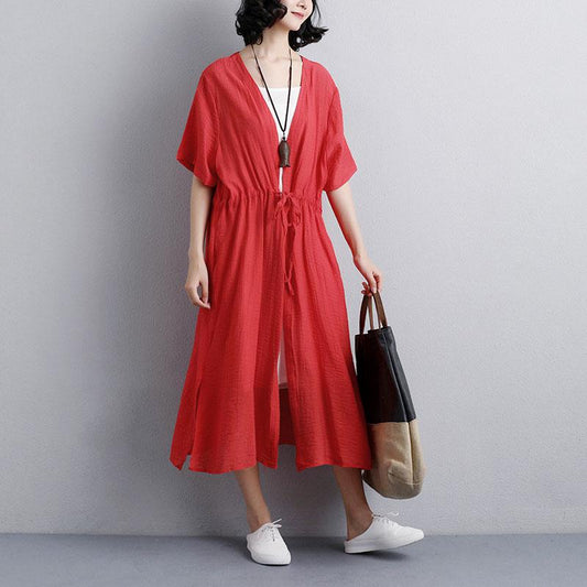 vintage long dresses plus size Loose Casual Short Sleeve Side Slit Red Dress