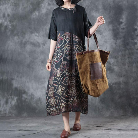 vintage silk linen maxi dress plus size clothing Retro Splicing Printed Round Neck Short Sleeve Black Dress
